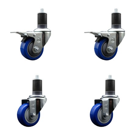 Service Caster 3'' Blue Poly Swivel 1-5/8'' Expanding Stem Caster Set 2 Total Lock Brakes, 4PK SCC-EXTTL20S314-PPUB-BLUE-2-S-2-158